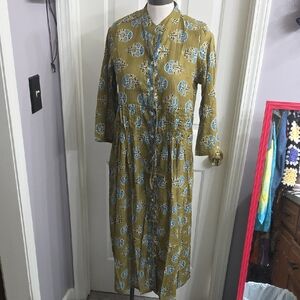 Olive Green Printed Button-Front Midi Dress with Drawstring Waist